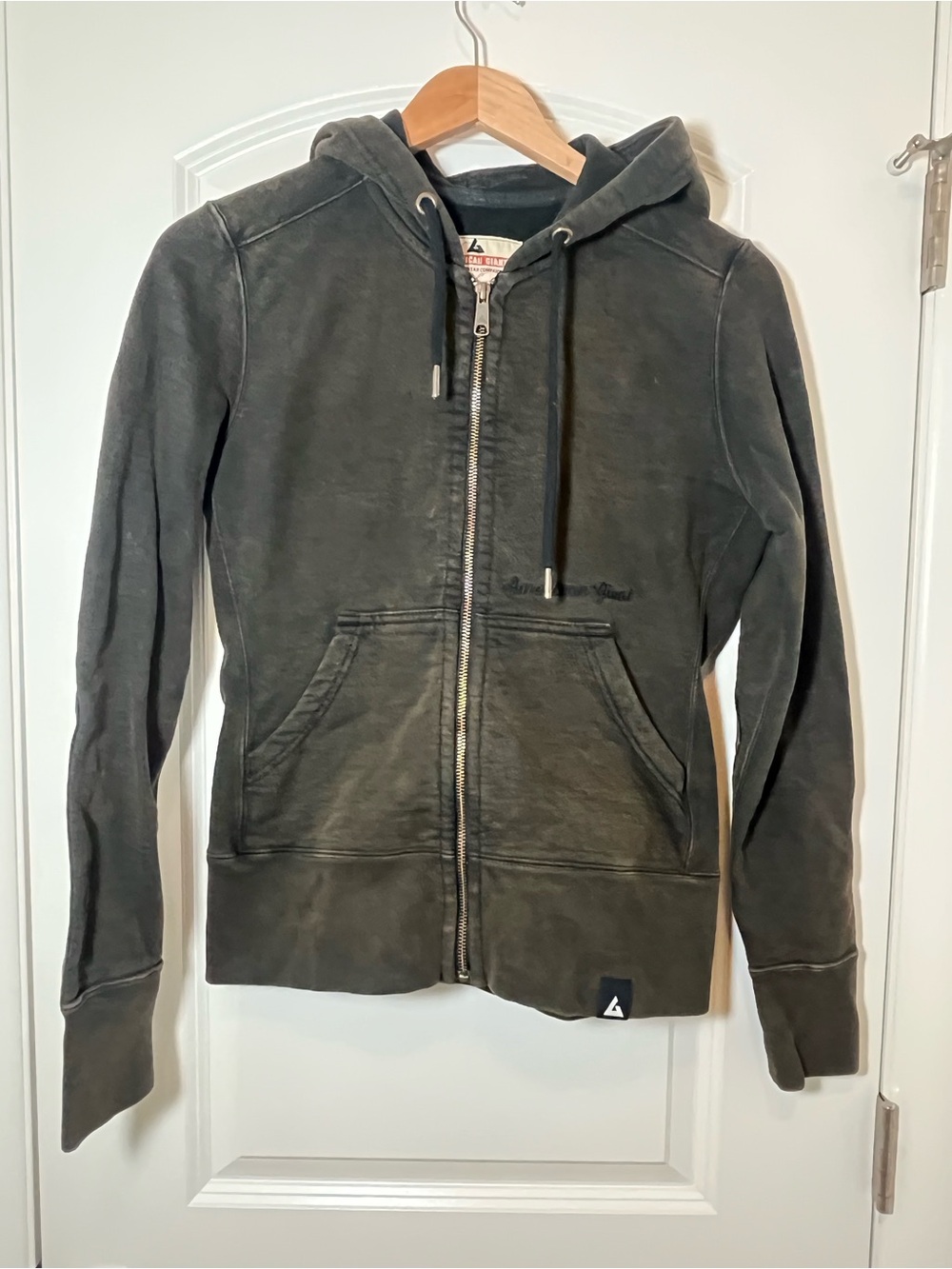 American Giant Washed Gray Zip-Up Hoodie with Drawstring Hood